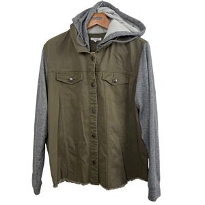 Maurices Womens XXL Hooded Utility Jacket Olive Green Denim‎ Knit Sleeve